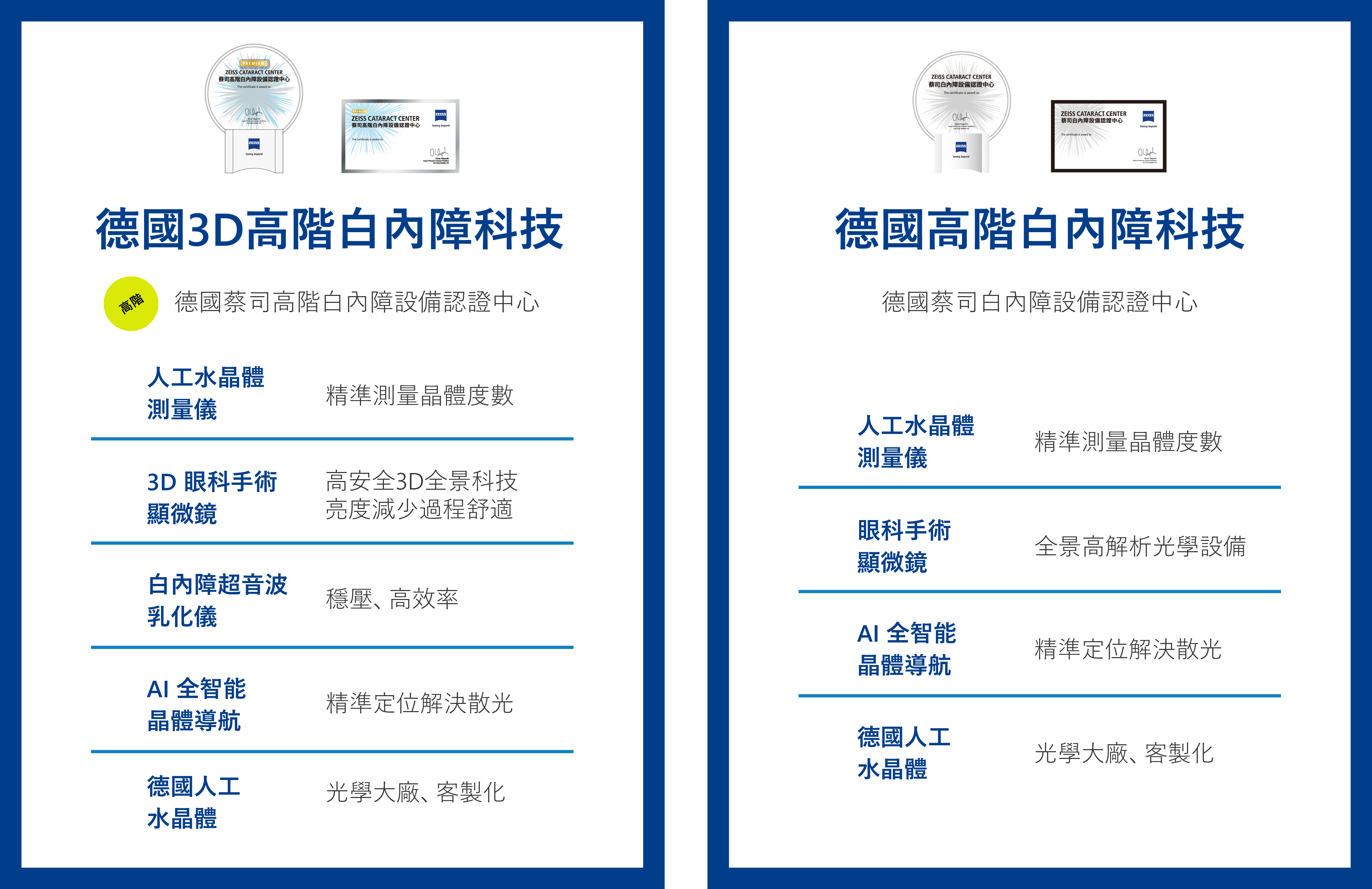 德國3D高階白內障科技。德國高階白內障設備認證中心引進。德國 3D 高階白內障科技。人工水晶體測量儀。3D眼科手術顯微鏡。白內障超音波乳化儀。穩壓、高效率。AI全智能晶體導航。精準定位解決散光。德國人工水晶體。光學大廠、客製化。
