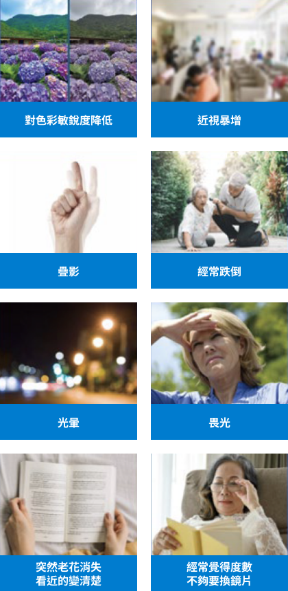 對色彩敏銳度降低。近視暴增。疊影。經常跌倒。光暈。畏光。突然老花消失看近的變清楚。常常覺得度數不夠要換鏡片。